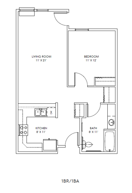 Floor plan for 1 bed, 1 bath, 650 sqft